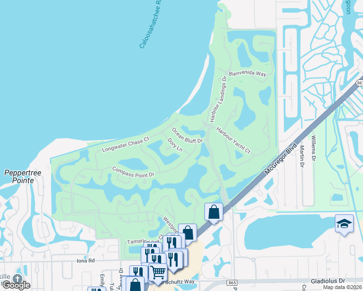 map of restaurants, bars, coffee shops, grocery stores, and more near 14561 Dory Lane in Fort Myers