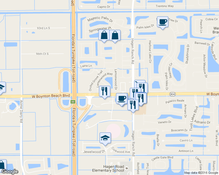 map of restaurants, bars, coffee shops, grocery stores, and more near 9846 Lemonwood Court in Boynton Beach