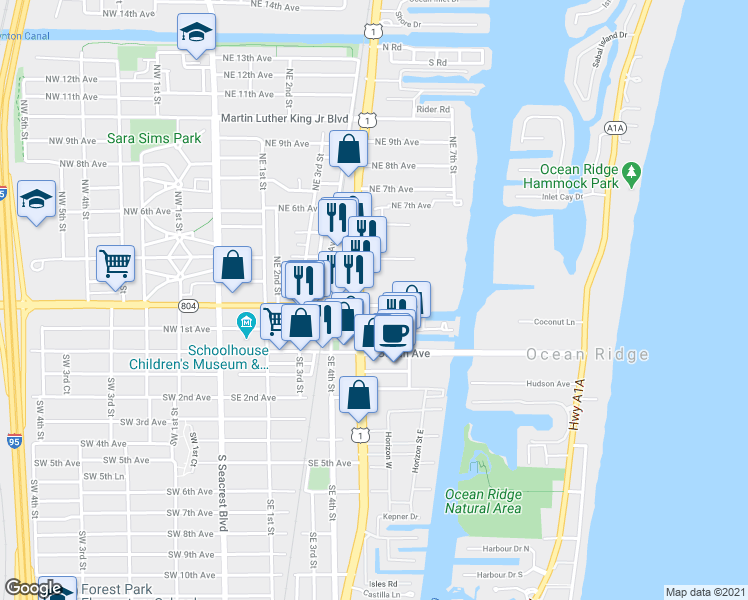 map of restaurants, bars, coffee shops, grocery stores, and more near 605 East Boynton Beach Boulevard in Boynton Beach