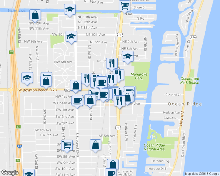 map of restaurants, bars, coffee shops, grocery stores, and more near 509 East Boynton Beach Boulevard in Boynton Beach