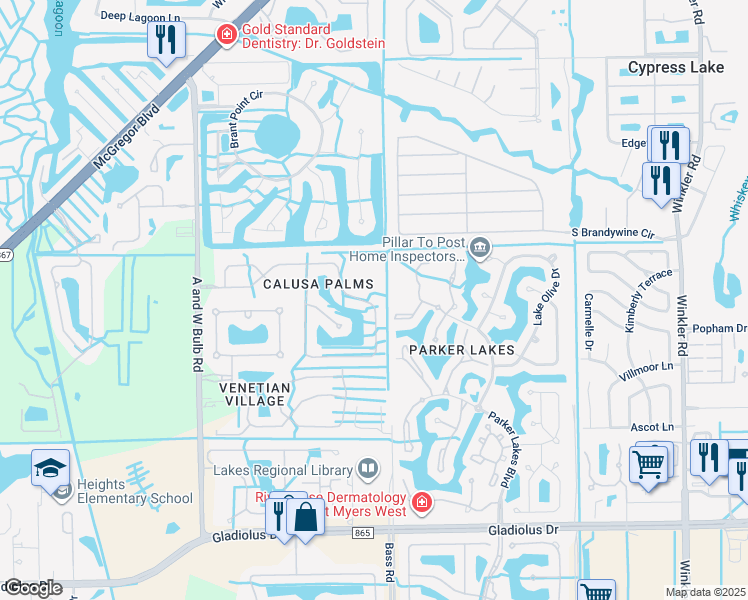 map of restaurants, bars, coffee shops, grocery stores, and more near 14738 Calusa Palms Drive in Fort Myers