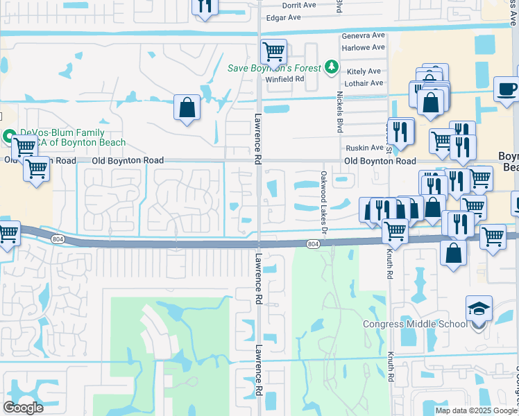 map of restaurants, bars, coffee shops, grocery stores, and more near 9873 Lawrence Road in Boynton Beach
