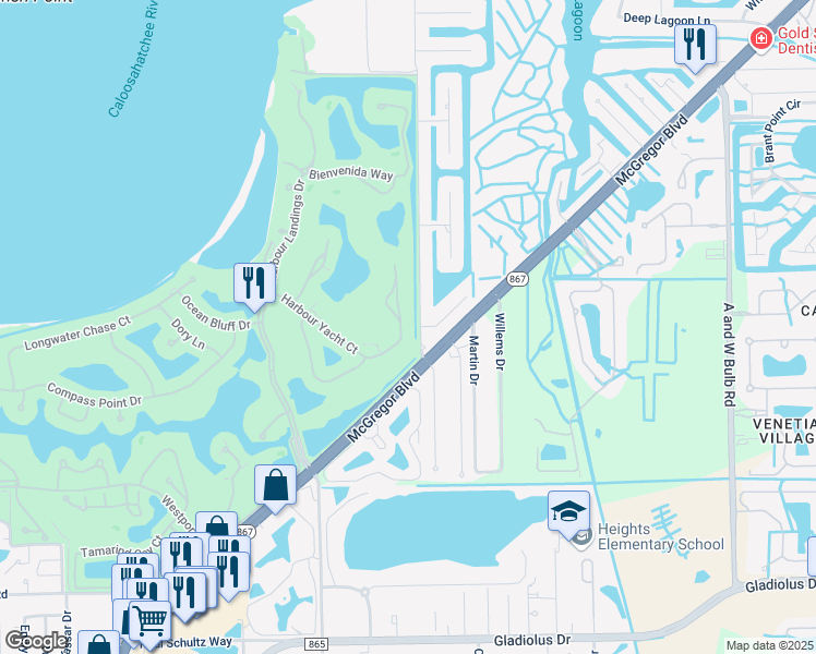 map of restaurants, bars, coffee shops, grocery stores, and more near 11065 Harbour Yacht Court in Fort Myers