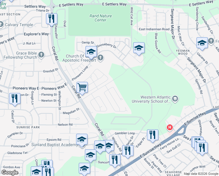 map of restaurants, bars, coffee shops, grocery stores, and more near Coral Reef Boulevard in Freeport