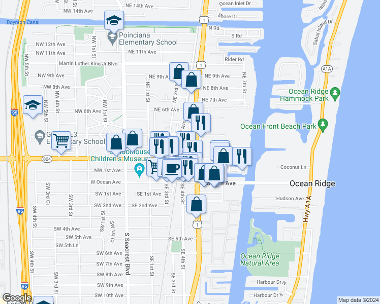 map of restaurants, bars, coffee shops, grocery stores, and more near 301 North Federal Highway in Boynton Beach
