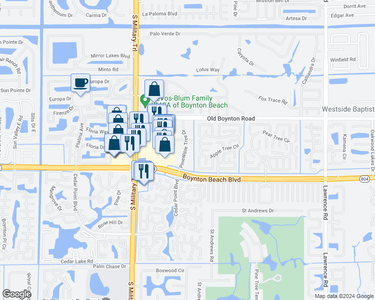 map of restaurants, bars, coffee shops, grocery stores, and more near 9992 Pineapple Tree Drive in Boynton Beach