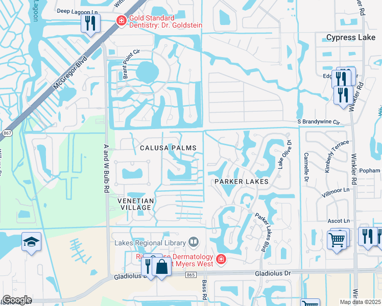 map of restaurants, bars, coffee shops, grocery stores, and more near 14738 Calusa Palms Drive in Fort Myers