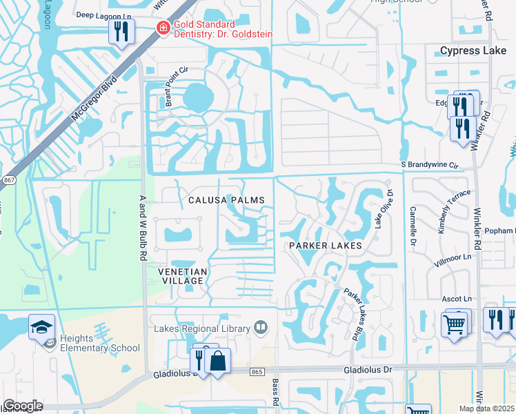 map of restaurants, bars, coffee shops, grocery stores, and more near 14752 Calusa Palms Drive in Fort Myers