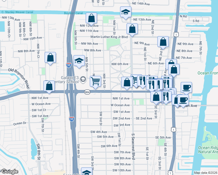 map of restaurants, bars, coffee shops, grocery stores, and more near 311 Northwest 2nd Street in Boynton Beach