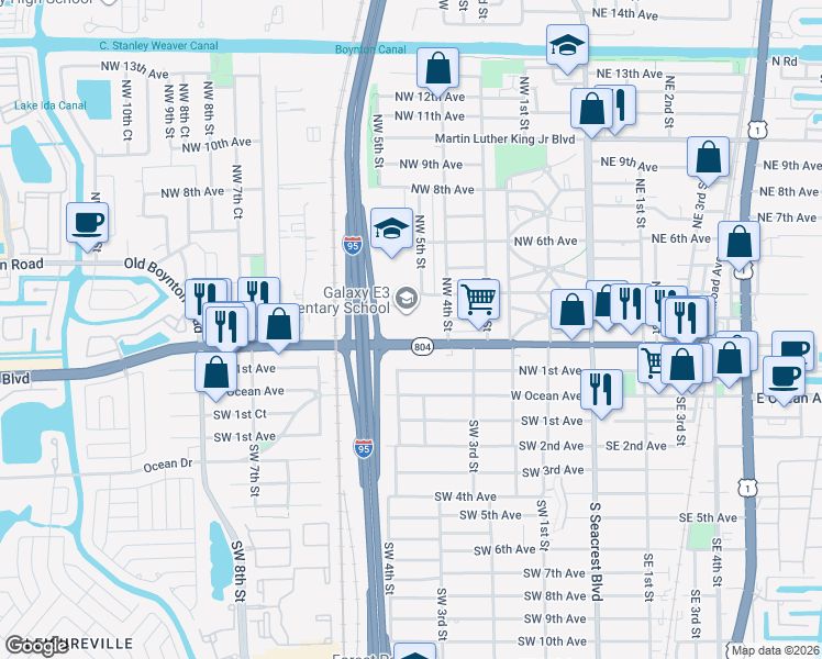 map of restaurants, bars, coffee shops, grocery stores, and more near Galaxy Way in Boynton Beach