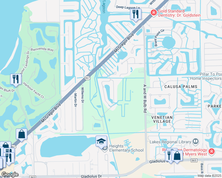 map of restaurants, bars, coffee shops, grocery stores, and more near 14519 Abaco Lakes Drive in Fort Myers