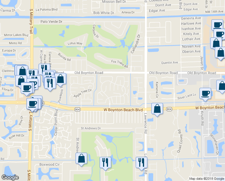 map of restaurants, bars, coffee shops, grocery stores, and more near 9825 Tabebuia Tree Drive in Boynton Beach
