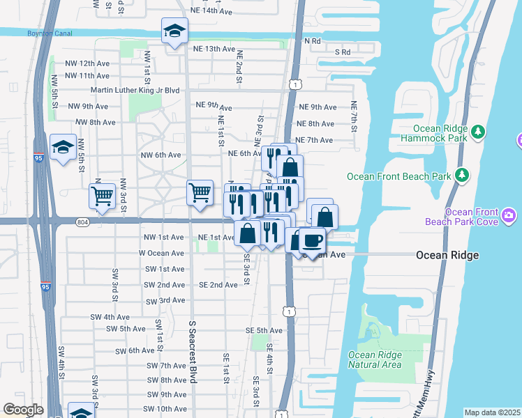 map of restaurants, bars, coffee shops, grocery stores, and more near 509 East Boynton Beach Boulevard in Boynton Beach