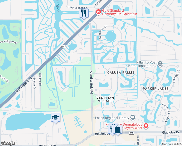 map of restaurants, bars, coffee shops, grocery stores, and more near 14564 A and w Bulb Road in Fort Myers
