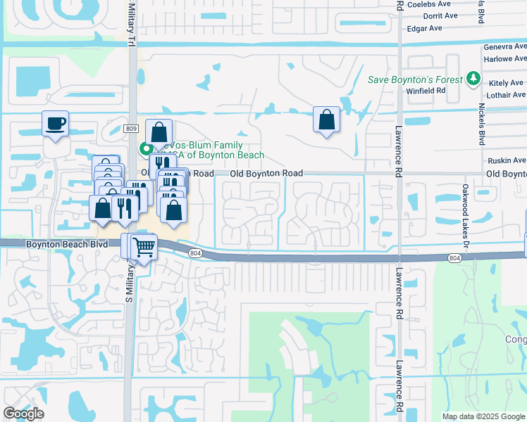 map of restaurants, bars, coffee shops, grocery stores, and more near 9885 Clusia Tree Drive in Boynton Beach