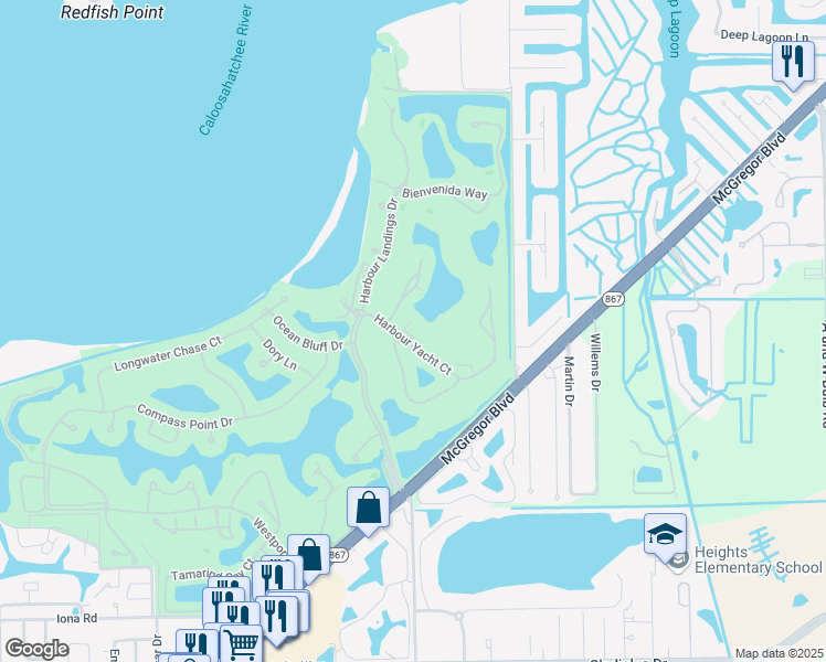 map of restaurants, bars, coffee shops, grocery stores, and more near 14332 Harbour Links Court in Fort Myers