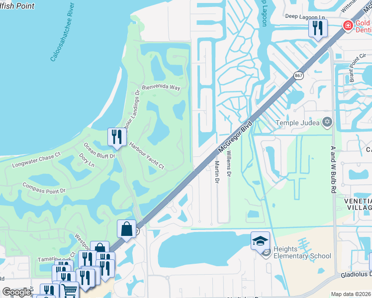 map of restaurants, bars, coffee shops, grocery stores, and more near 11057 Harbour Yacht Court in Fort Myers