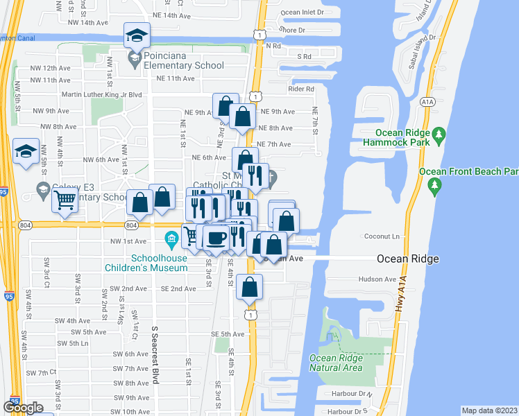 map of restaurants, bars, coffee shops, grocery stores, and more near 466 North Federal Highway in Boynton Beach