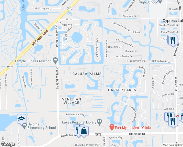 map of restaurants, bars, coffee shops, grocery stores, and more near 14770 Calusa Palms Drive in Fort Myers
