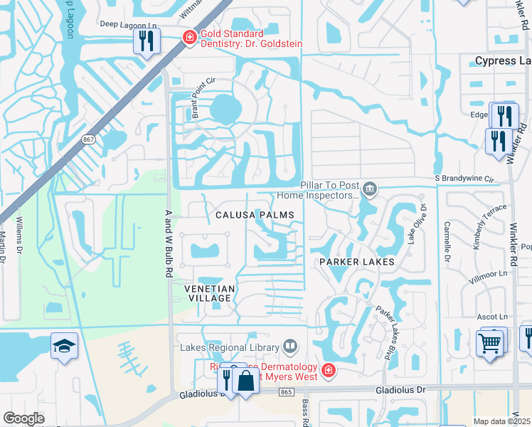 map of restaurants, bars, coffee shops, grocery stores, and more near 14769 Calusa Palms Drive in Fort Myers