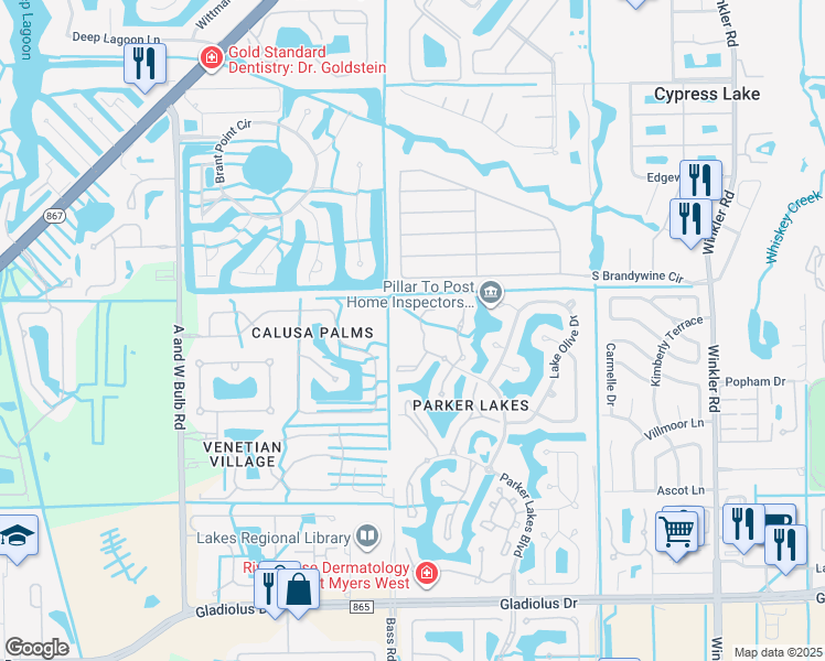 map of restaurants, bars, coffee shops, grocery stores, and more near 14551 Daffodil Drive in Fort Myers