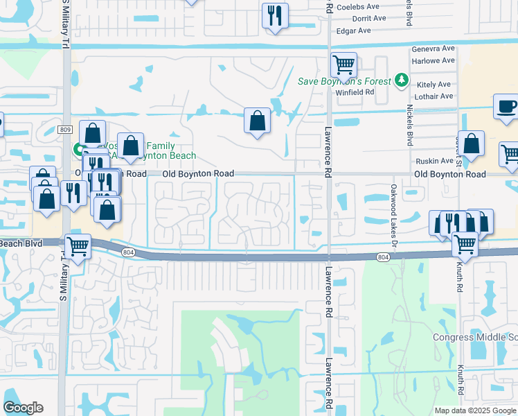map of restaurants, bars, coffee shops, grocery stores, and more near 4235 Pear Tree Circle in Boynton Beach