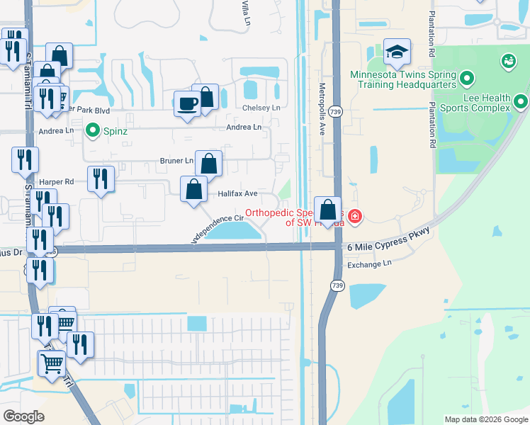 map of restaurants, bars, coffee shops, grocery stores, and more near 5780 Halifax Ave in Fort Myers