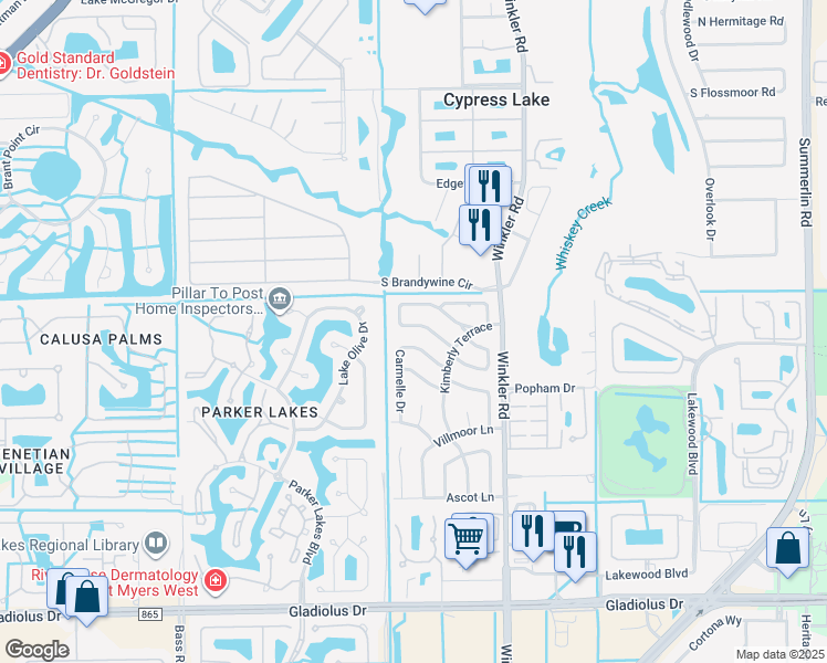 map of restaurants, bars, coffee shops, grocery stores, and more near 1417 South Larkwood Square in Fort Myers