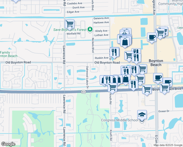 map of restaurants, bars, coffee shops, grocery stores, and more near 704 Nickels Circle in Boynton Beach