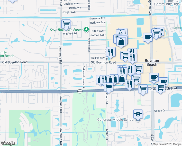 map of restaurants, bars, coffee shops, grocery stores, and more near 704 Nickels Circle in Boynton Beach