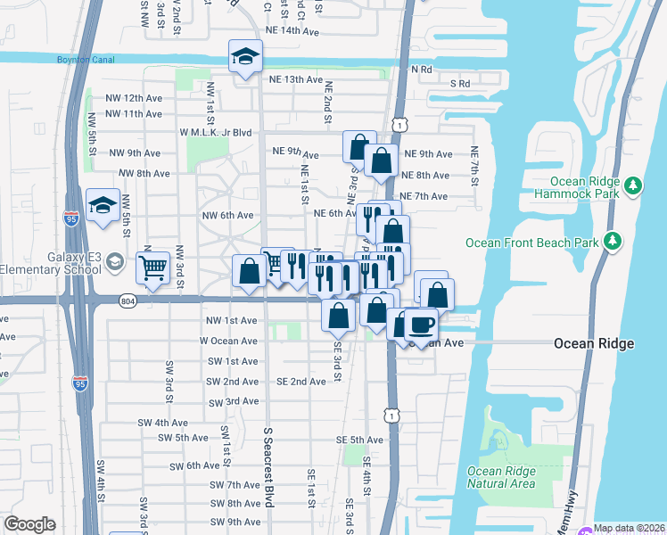 map of restaurants, bars, coffee shops, grocery stores, and more near 411 Northeast 3rd Street in Boynton Beach