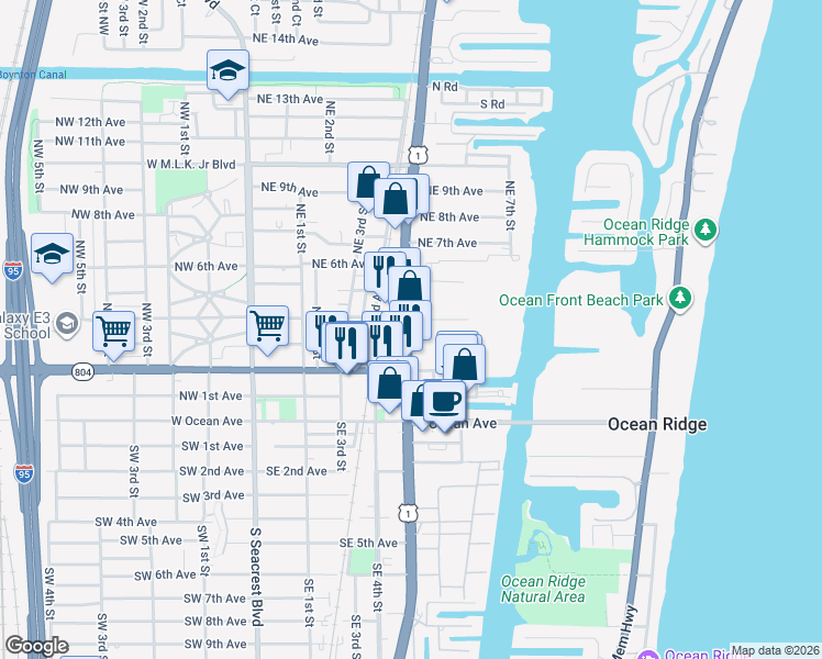 map of restaurants, bars, coffee shops, grocery stores, and more near 466 North Federal Highway in Boynton Beach