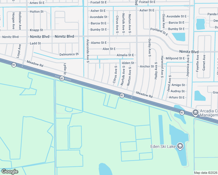 map of restaurants, bars, coffee shops, grocery stores, and more near 2878 Meadow Road in Lehigh Acres