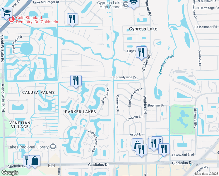 map of restaurants, bars, coffee shops, grocery stores, and more near 14760 Lake Olive Drive in Fort Myers