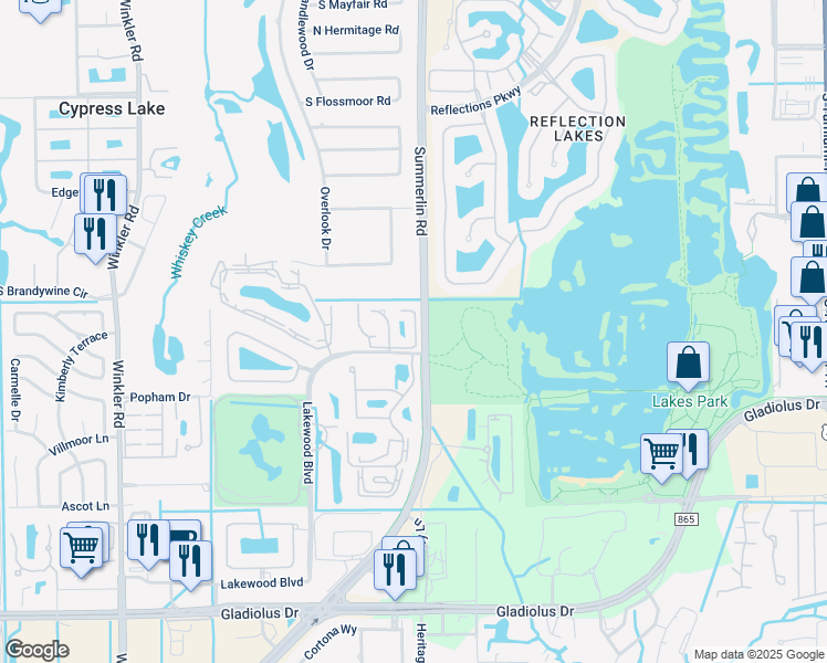 map of restaurants, bars, coffee shops, grocery stores, and more near 14480 Lakewood Boulevard in Fort Myers
