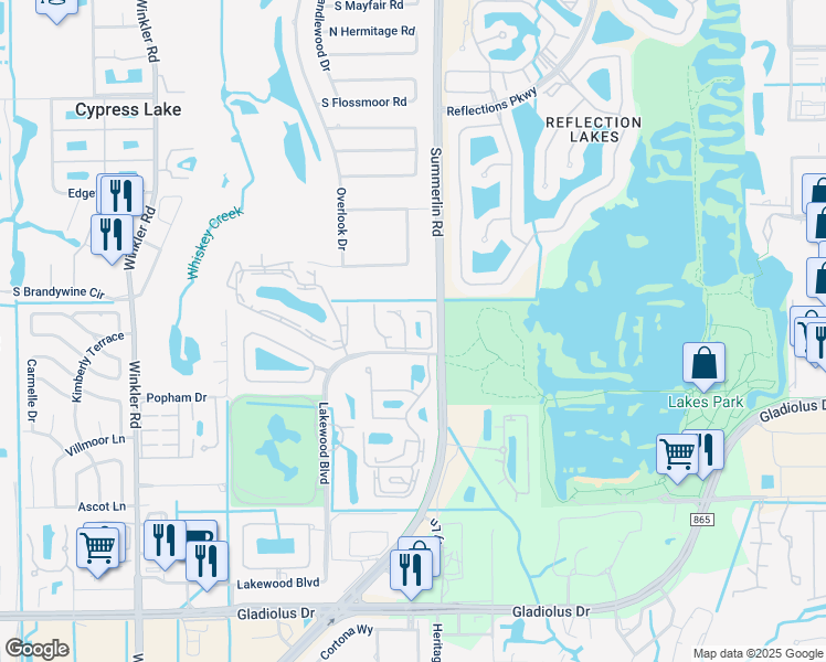 map of restaurants, bars, coffee shops, grocery stores, and more near 14480 Lakewood Boulevard in Fort Myers