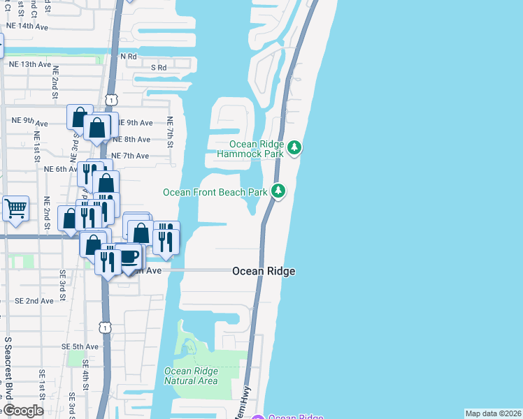 map of restaurants, bars, coffee shops, grocery stores, and more near 6490 North Ocean Boulevard in Boynton Beach