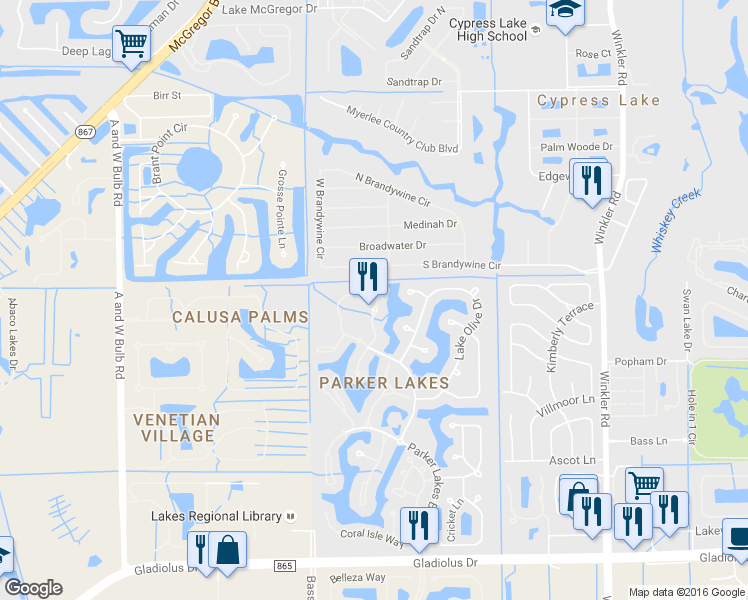 map of restaurants, bars, coffee shops, grocery stores, and more near 504 Glen Cove Drive in Fort Myers