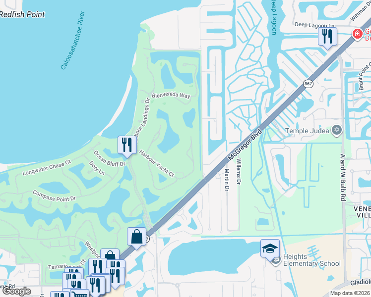 map of restaurants, bars, coffee shops, grocery stores, and more near 11044 Harbour Yacht Court in Fort Myers