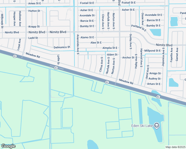 map of restaurants, bars, coffee shops, grocery stores, and more near 2878 Meadow Road in Lehigh Acres
