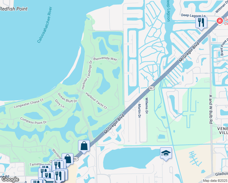 map of restaurants, bars, coffee shops, grocery stores, and more near 11044 Harbour Yacht Court in Fort Myers