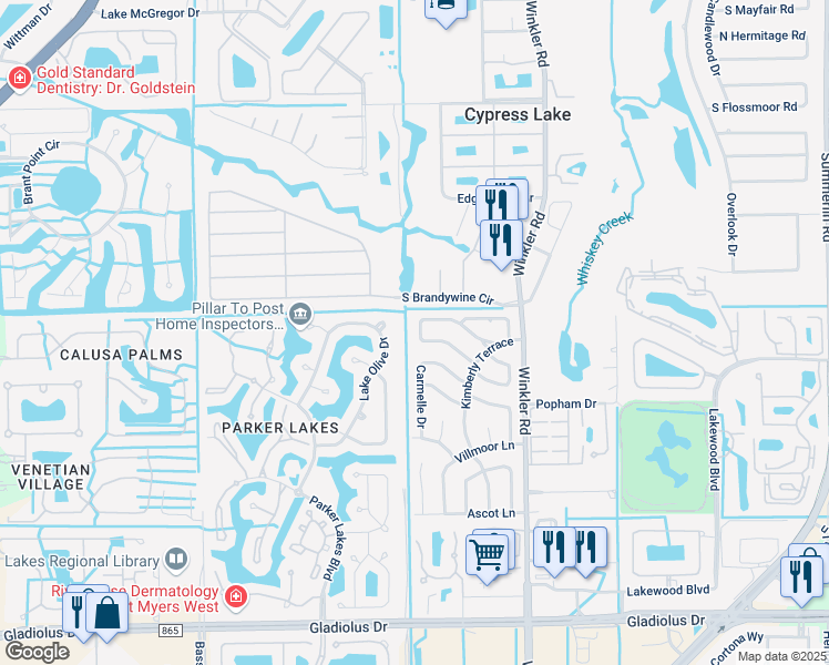 map of restaurants, bars, coffee shops, grocery stores, and more near 1417 South Larkwood Square in Fort Myers