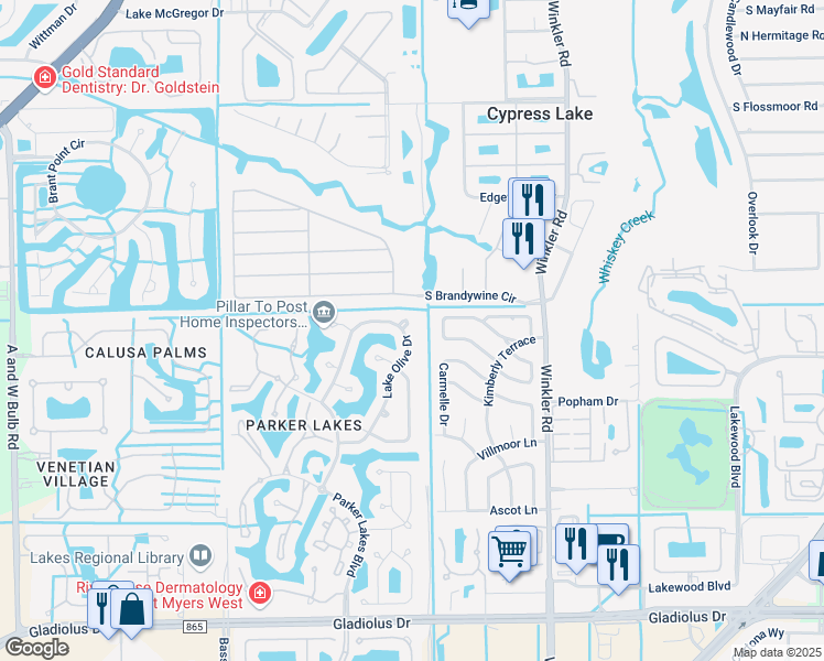 map of restaurants, bars, coffee shops, grocery stores, and more near 14760 Lake Olive Drive in Fort Myers