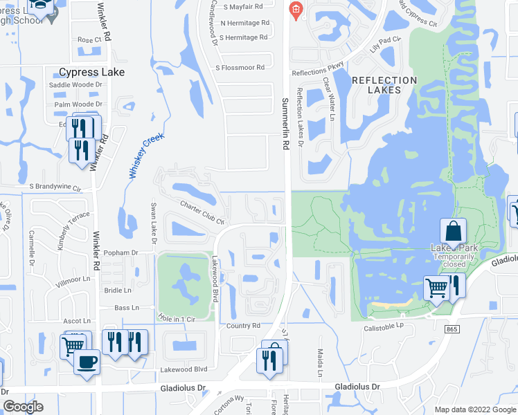 map of restaurants, bars, coffee shops, grocery stores, and more near 14513 Cypress Trace Court in Fort Myers