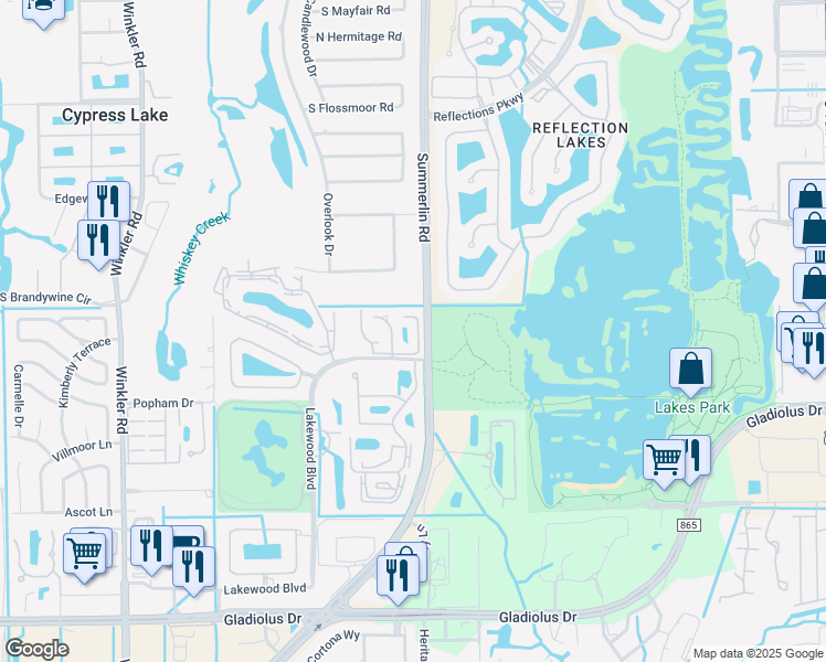 map of restaurants, bars, coffee shops, grocery stores, and more near 14480 Lakewood Boulevard in Fort Myers