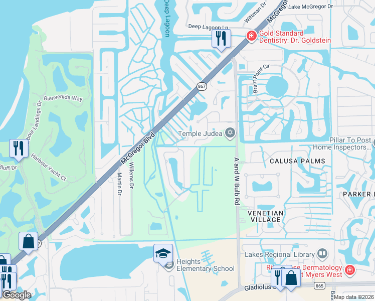 map of restaurants, bars, coffee shops, grocery stores, and more near 14501 Abaco Lakes Drive in Fort Myers