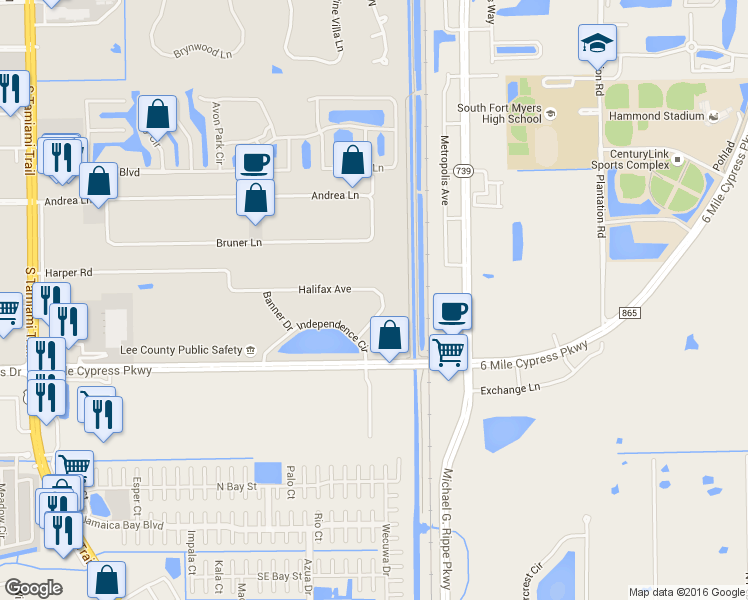 map of restaurants, bars, coffee shops, grocery stores, and more near 5780 Halifax Avenue in Fort Myers