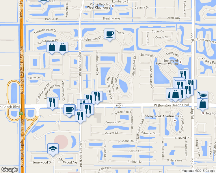 map of restaurants, bars, coffee shops, grocery stores, and more near 7843 Waterfall Terrace in Boynton Beach