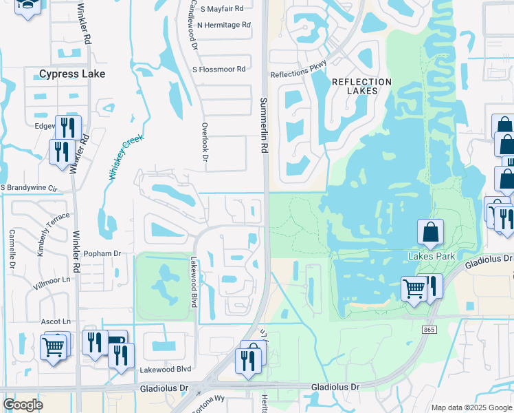 map of restaurants, bars, coffee shops, grocery stores, and more near 14480 Lakewood Boulevard in Fort Myers