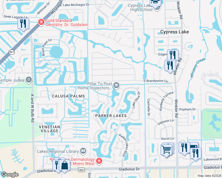 map of restaurants, bars, coffee shops, grocery stores, and more near 504 Glen Cove Drive in Fort Myers